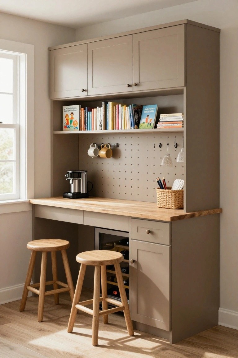 Tall taupe cabinet unit with open upper shelves holding books, pegboard wall with hanging mugs glassware coffee maker pencils and basket, maple wood countertop, under-counter wine fridge drawers, and two wood stools in a room with window and wood floor.