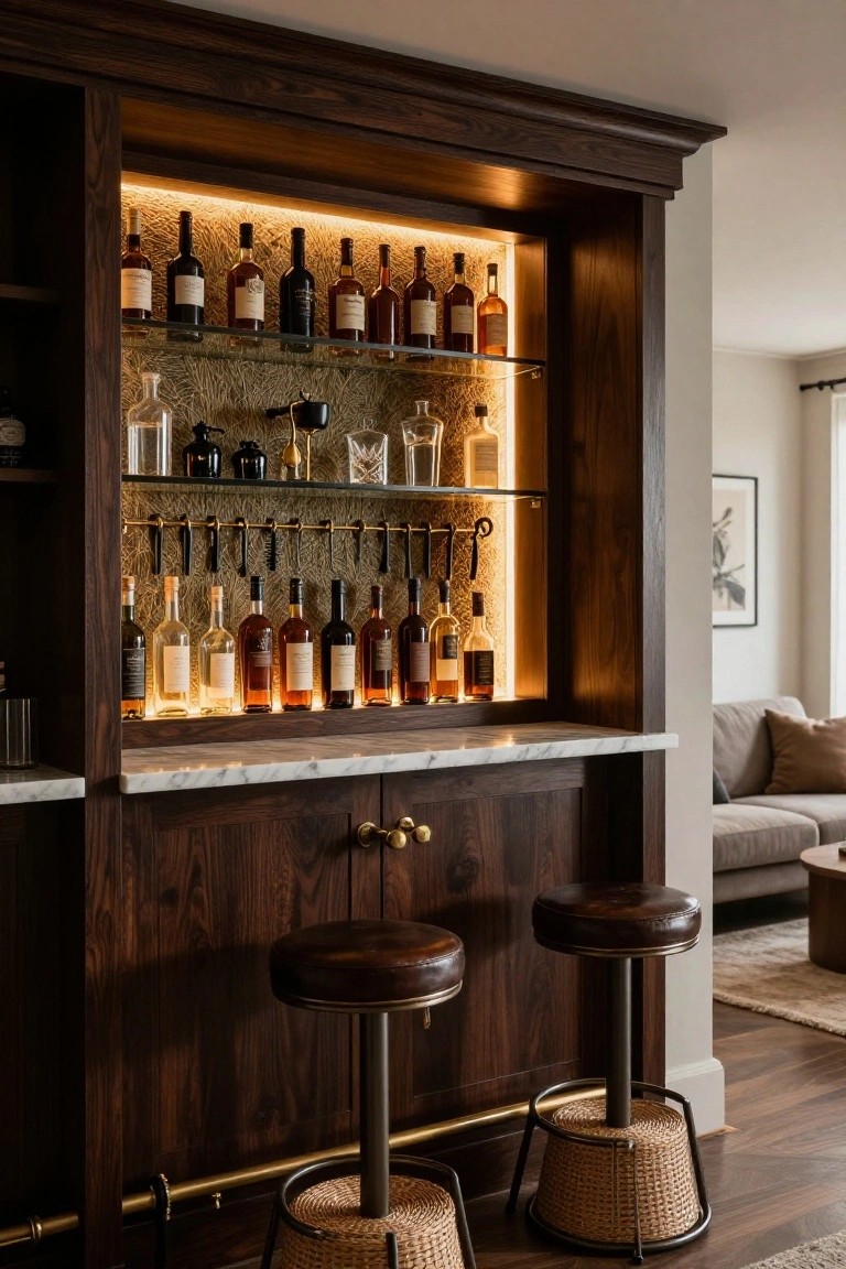 Dark wood built-in bar cabinet with multiple glass shelves backlit by warm LED strips displaying rows of liquor bottles, glassware, and bar tools, white marble countertop, brass pulls, two brown leather stools on black metal bases with rattan accents, adjacent to a beige sofa and hardwood floor in a contemporary interior.
