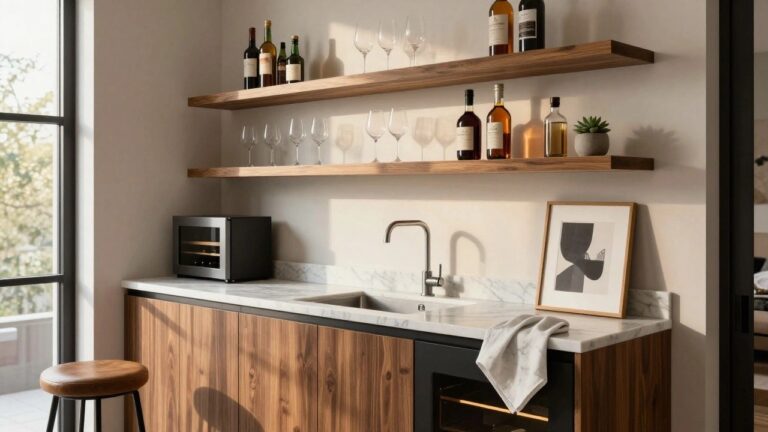 Modern indoor wet bar with walnut cabinetry enclosing a glass-door wine refrigerator, white marble countertop and sink, floating wooden shelves holding wine bottles and glasses above underlit edges, potted succulent, leather chair, and window view.