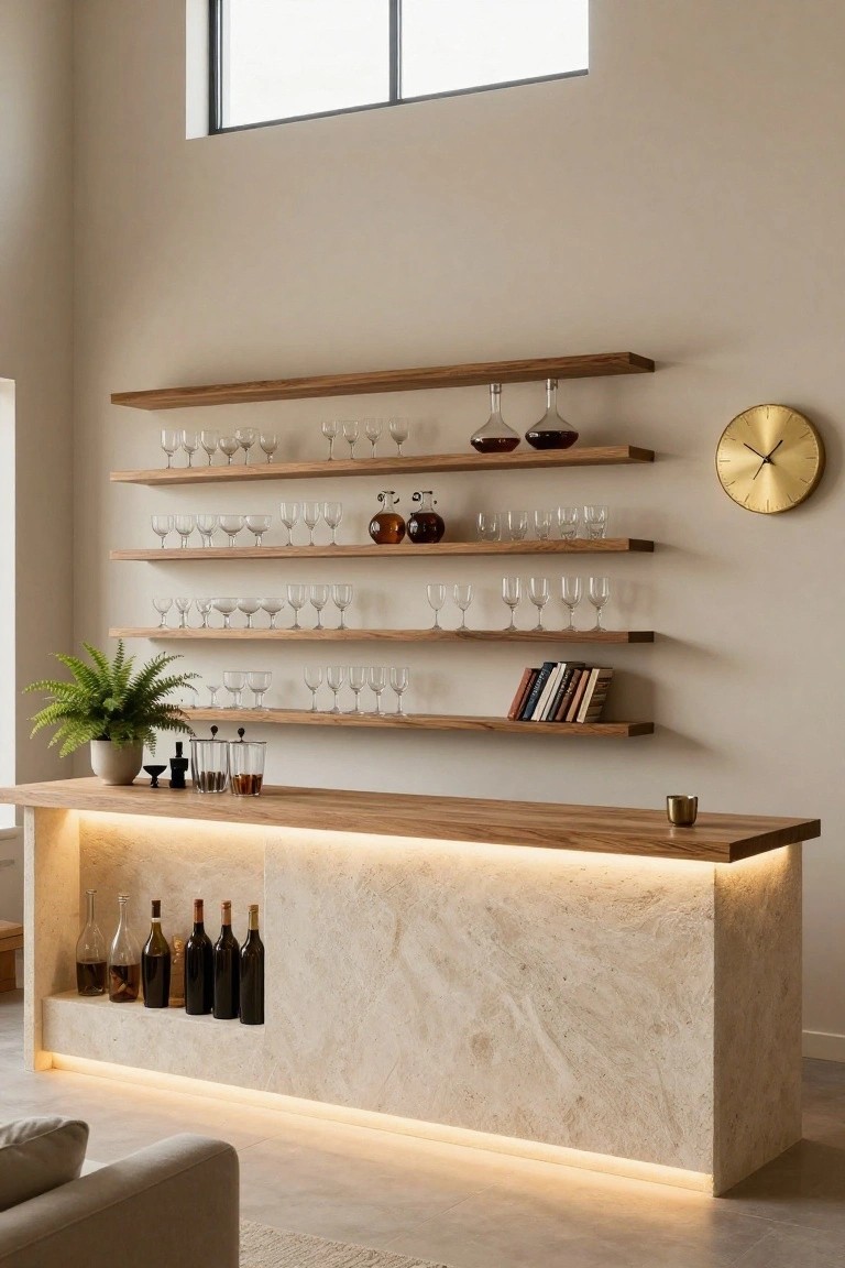 Modern interior home bar with four floating wooden shelves displaying various glassware, decanters, and books, above a backlit wooden-topped counter on a stone base holding wine bottles, next to a potted fern and gold clock on beige walls.