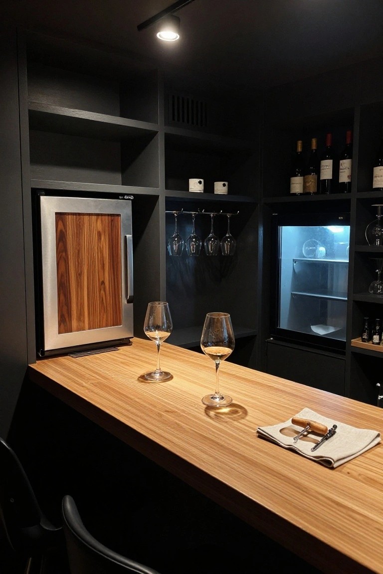 Modern indoor home bar with dark cabinets, light wood bar top, wood-paneled undercounter fridge, glass-fronted cooler, hanging wine glasses, wine bottles on shelves, two empty wine glasses on counter, bar tools, napkin, and black stools.