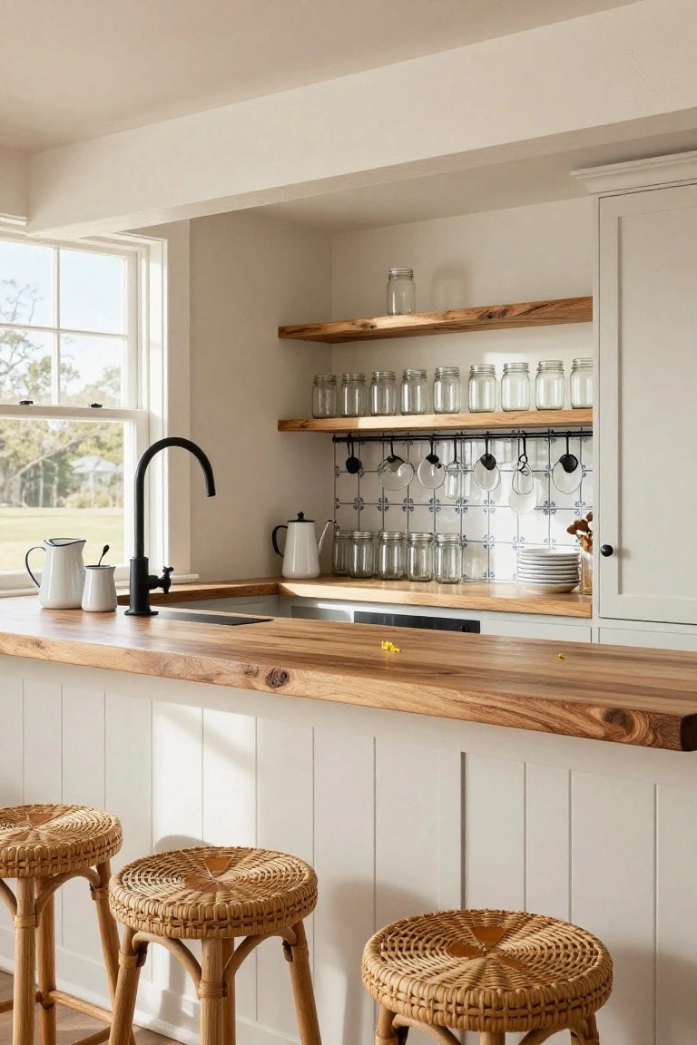 Kitchen with white cabinetry, wooden island countertop, black faucet sink, rattan barstools, open shelves holding jars and glasses, and a window overlooking greenery.
