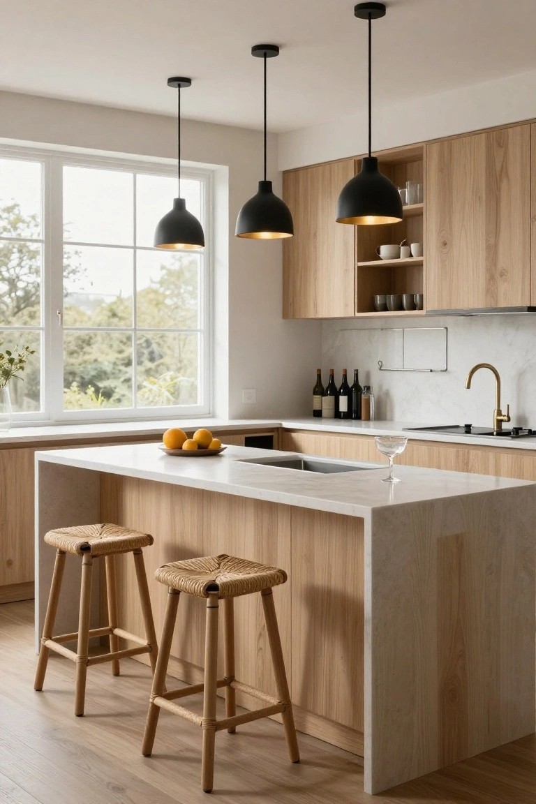 Modern kitchen interior with light oak cabinets, white marble island countertop, two rattan bar stools, three black pendant lights, wine bottles on a shelf, and large window showing trees outside.