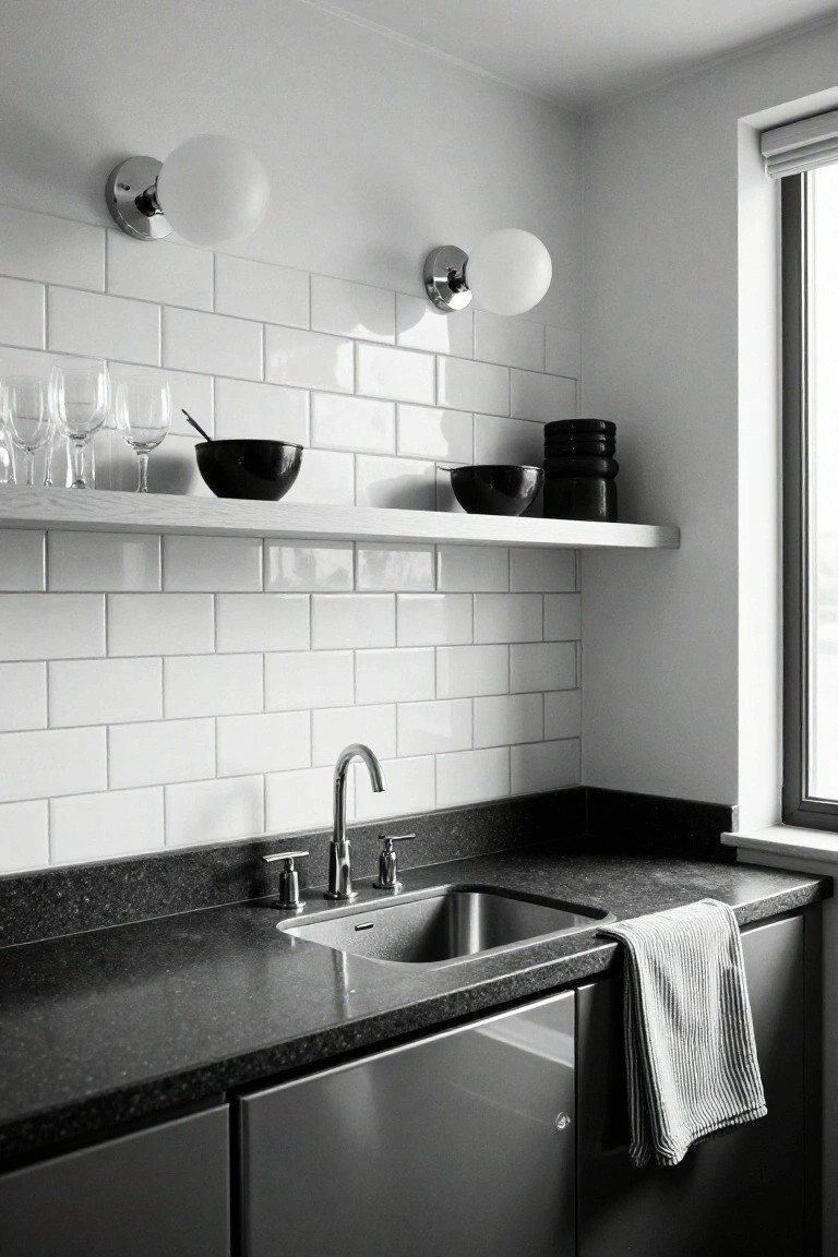 Black-and-white photo of a modern kitchen corner with white subway tile backsplash, open light wood shelf displaying glasses and black bowls, dark granite countertop with stainless sink, gray cabinets, and two wall-mounted globe lights.