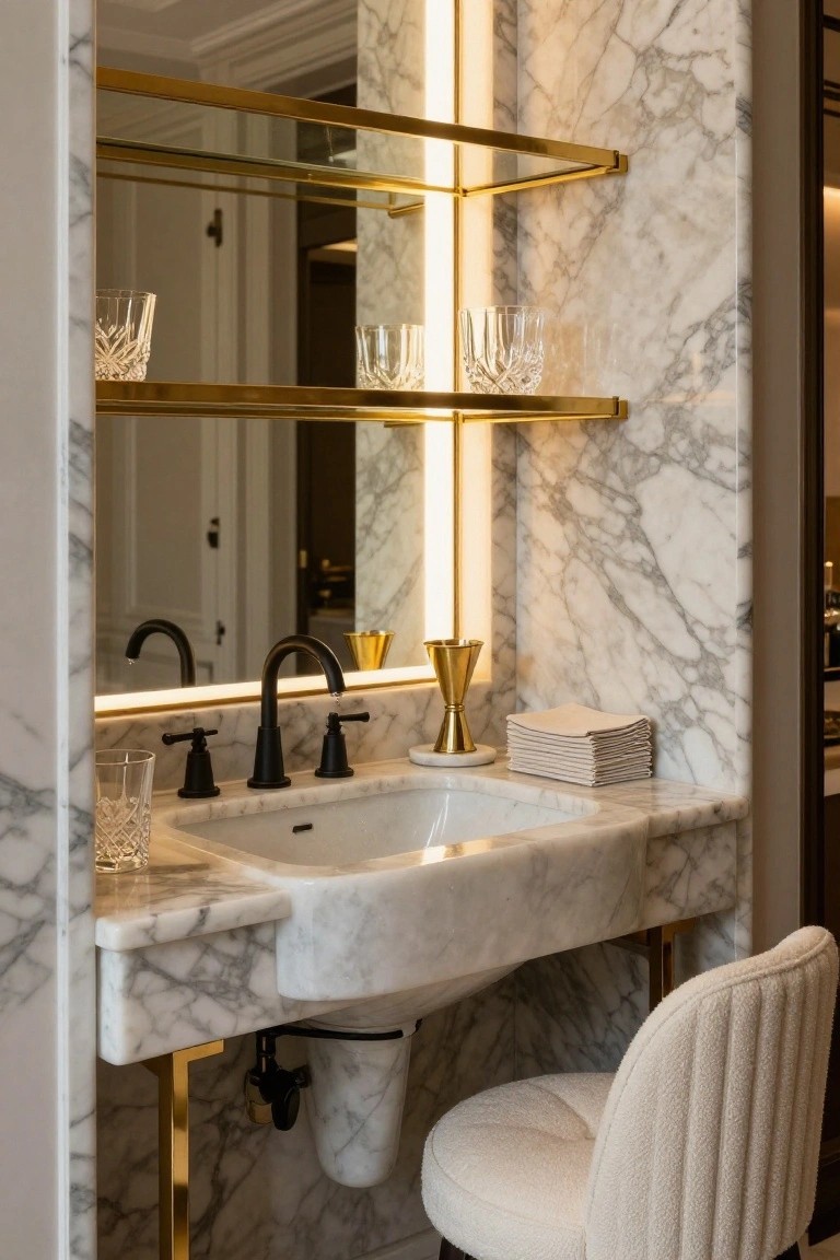 White marble bathroom vanity with integrated sink, black faucet, gold metal shelves holding crystal glassware, backlit mirror, gold chalice, stacked towels, and white tufted chair.