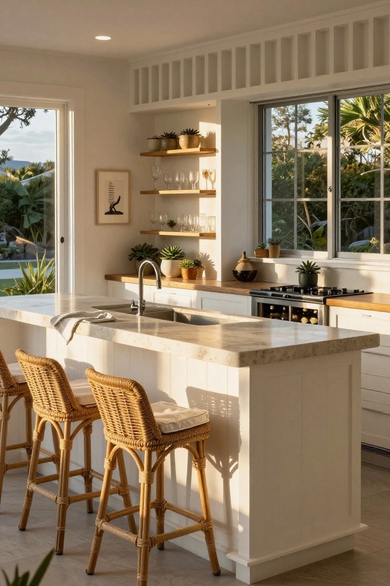 White shiplap kitchen with marble-topped island bar, three rattan bar stools, wood cabinets, open shelving with glassware and plants, gas cooktop, and large windows to tropical garden and pool.
