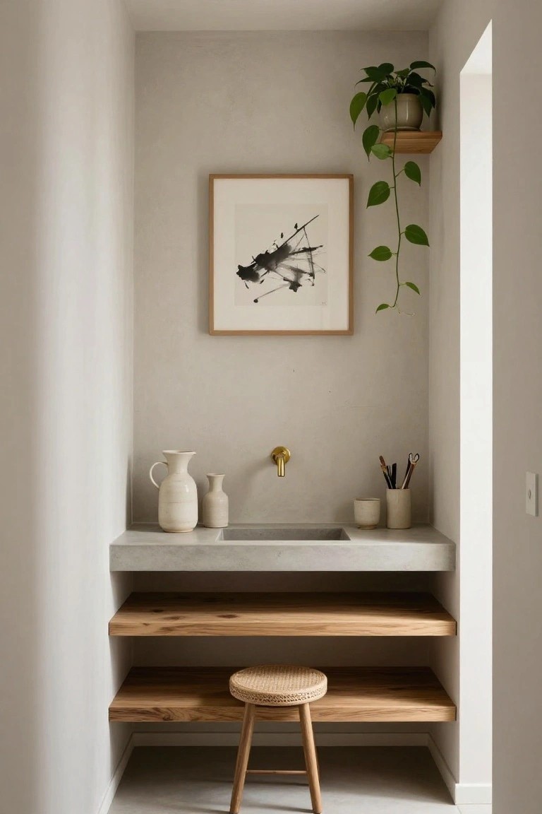 A small recessed wall niche interior with beige walls, concrete countertop sink, white ceramic jugs and cups, floating oak wood shelves, rattan stool, potted trailing plant on a shelf, and framed abstract ink artwork.