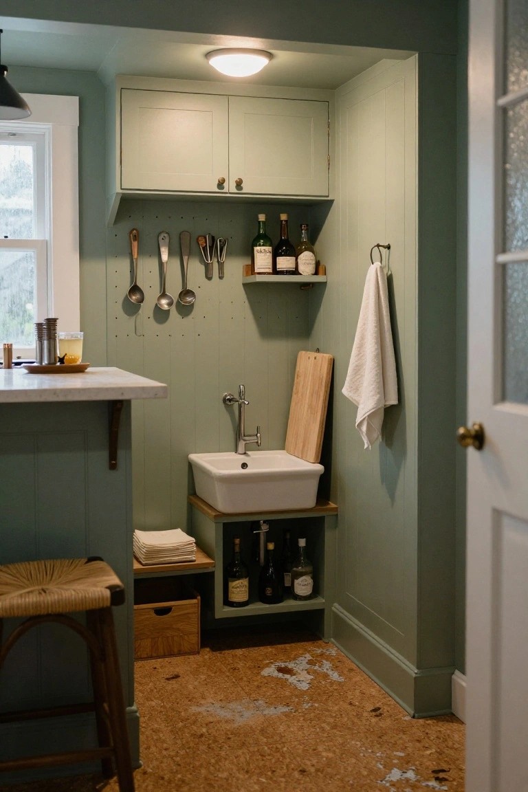 Sage green cabinetry alcove with white farmhouse sink, wooden cutting board leaning nearby, wall-mounted utensil racks, open bottle shelving, and rattan stool on cork floor.