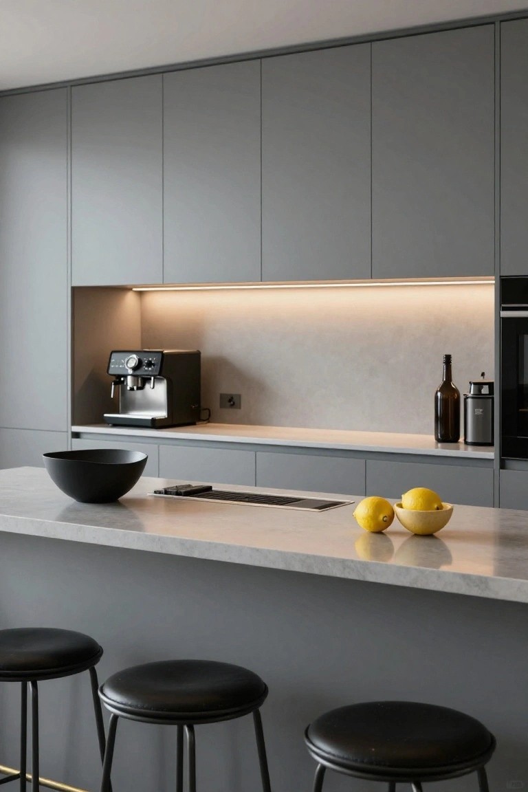 Modern kitchen with gray flat-panel cabinets, a light gray stone island bar holding lemons in a bowl, black leather bar stools, and a recessed niche with lit espresso machine and wine bottle.