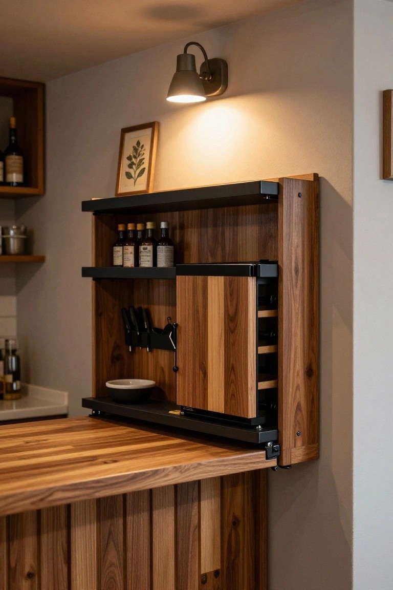 Wall-mounted walnut wood bar cabinet with open shelves holding small bottles, knife block, wine rack, and black fold-down counter extending over wooden bar surface in a kitchen.