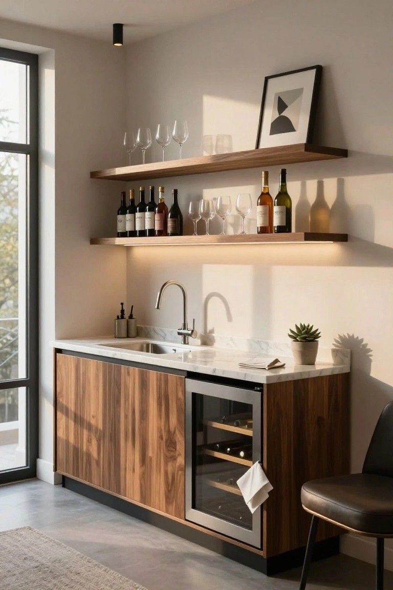 Modern indoor wet bar with walnut cabinetry enclosing a glass-door wine refrigerator, white marble countertop and sink, floating wooden shelves holding wine bottles and glasses above underlit edges, potted succulent, leather chair, and window view.