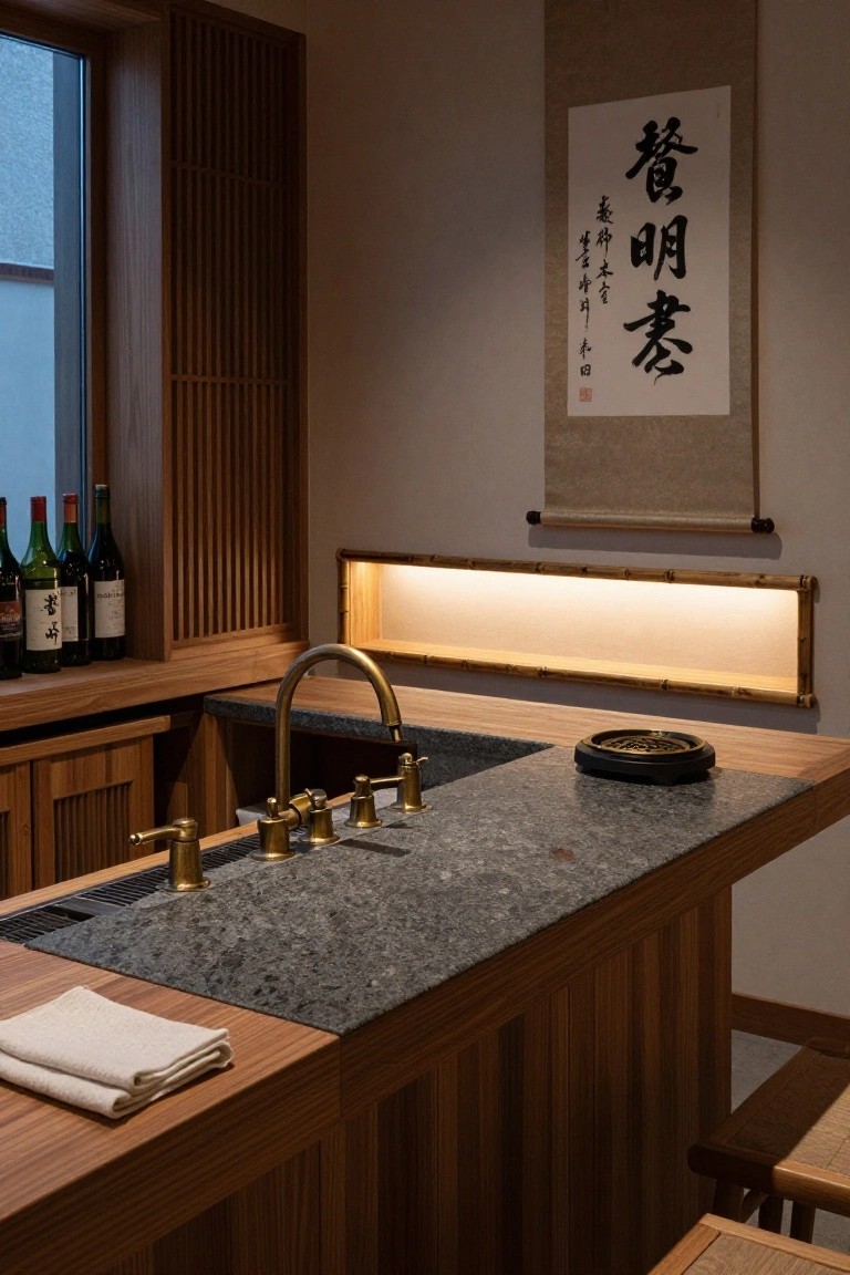 Wooden home bar counter with dark stone sink top, brass faucet, bottles on shelves, and Japanese scroll on beige wall.