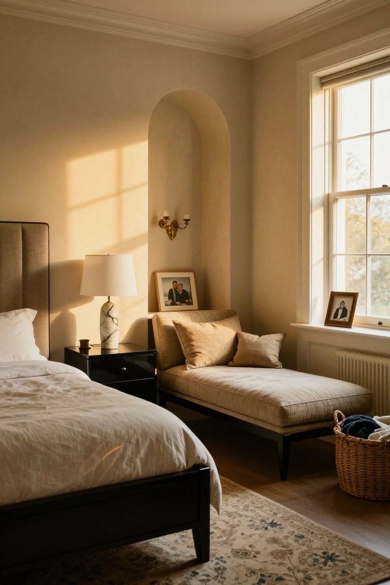 Sunlit beige bedroom corner with a cream chaise lounge beside a tall multi-pane window, black wood bed frame with white sheets, marble lamp on black nightstand, and wicker basket nearby.
