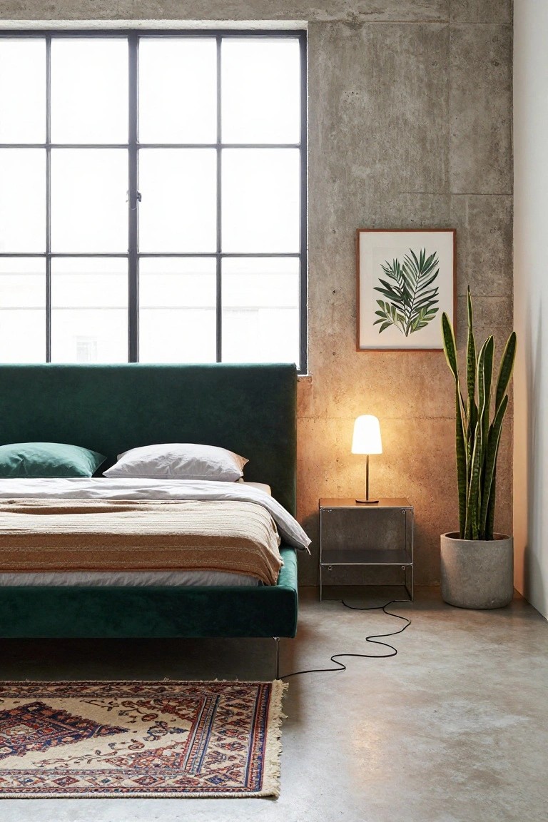 A loft bedroom with emerald green velvet upholstered bed frame and headboard set against exposed concrete walls, featuring large metal-framed windows, a bedside metal table with white lamp, tall snake plant in gray pot, and patterned rug on concrete floor.