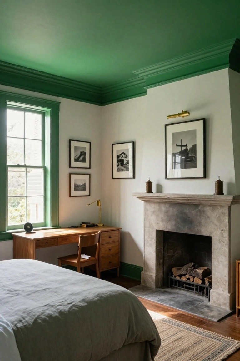 Bedroom interior with emerald green ceiling and crown molding, white walls, green-trimmed window, black-and-white photos on walls, wooden desk with chair, stone fireplace with burning logs, and bed with gray linens on hardwood floor with rug.