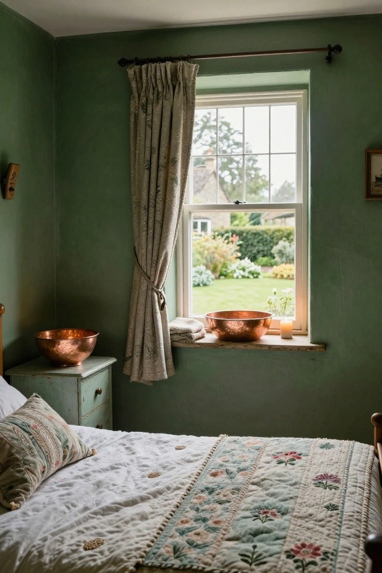 A bedroom with pale emerald green walls, a wooden bed frame with white sheets and embroidered floral quilt, a painted wooden bedside table holding a copper bowl, a windowsill with copper bowls, a candle, and linen curtains framing a view of a garden outside.