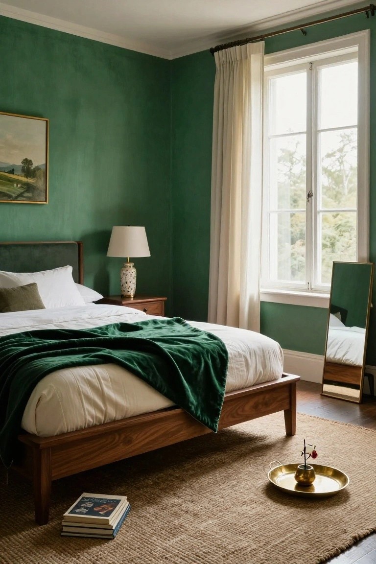 Emerald green painted bedroom with wooden bed frame, white bedding draped with green throw, bedside table with lamp, large window with sheer curtains, freestanding mirror, and seagrass rug on hardwood floor.