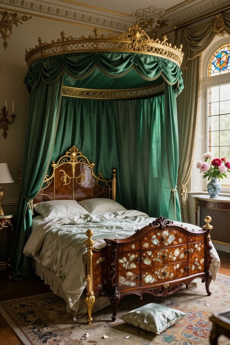 Ornate four-poster bed with emerald green velvet canopy drapes, gold accents on wooden frame, silk sheets, and stained glass window in a luxurious bedroom.