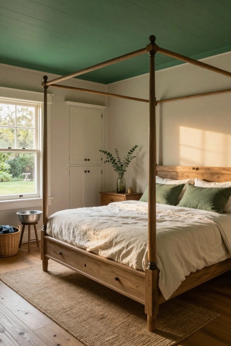 Bedroom interior with emerald green painted ceiling, tall wooden four-poster bed with white linens and green pillows, large window showing garden view, wooden nightstand with glass vase of eucalyptus, white wardrobe, seagrass rug, and hardwood floors.