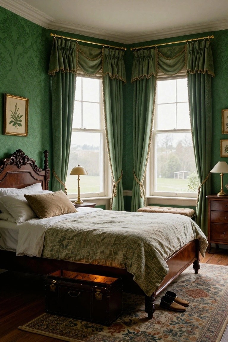A corner bedroom with emerald green damask wallpaper on the walls, heavy green drapes on two tall sash windows, antique carved wooden bed with white sheets and patterned duvet, brass banker's lamps, wooden dresser, cushioned bench, open trunk, and pair of shoes on a patterned rug.