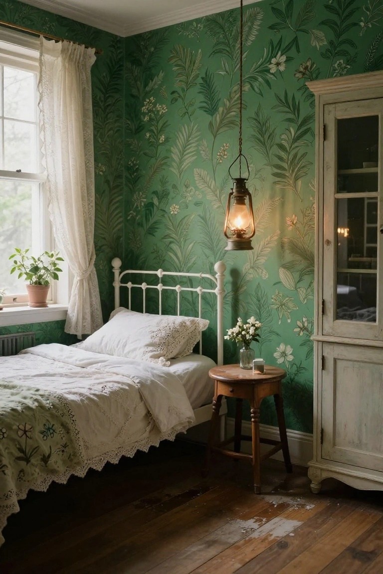 A small bedroom corner with emerald green floral wallpaper on walls, white iron bed with lace-trimmed white bedding, hanging brass lantern light, wooden side table with white flowers in vase, potted plant on windowsill, and antique white cabinet.