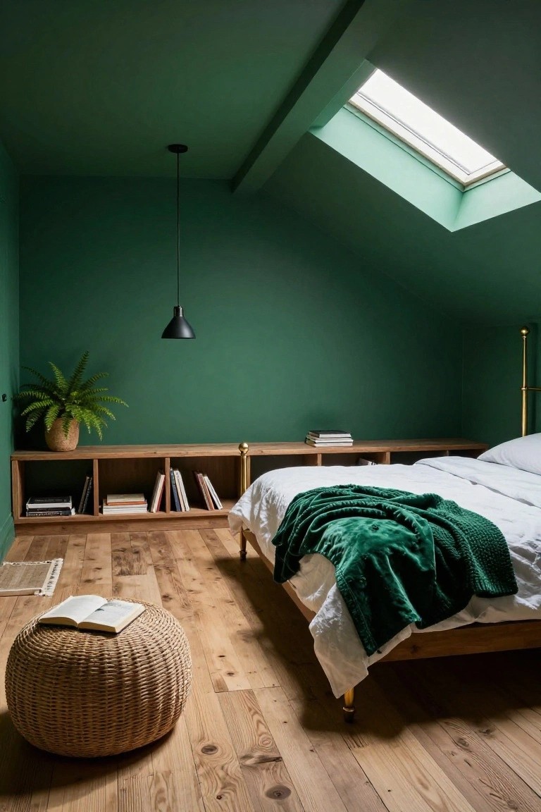 Attic bedroom with deep emerald green painted walls and sloped ceiling, wooden platform bed with white sheets and green throw, built-in wooden shelves holding books, potted fern, black pendant light, skylight, and rattan pouf on wood plank floors.
