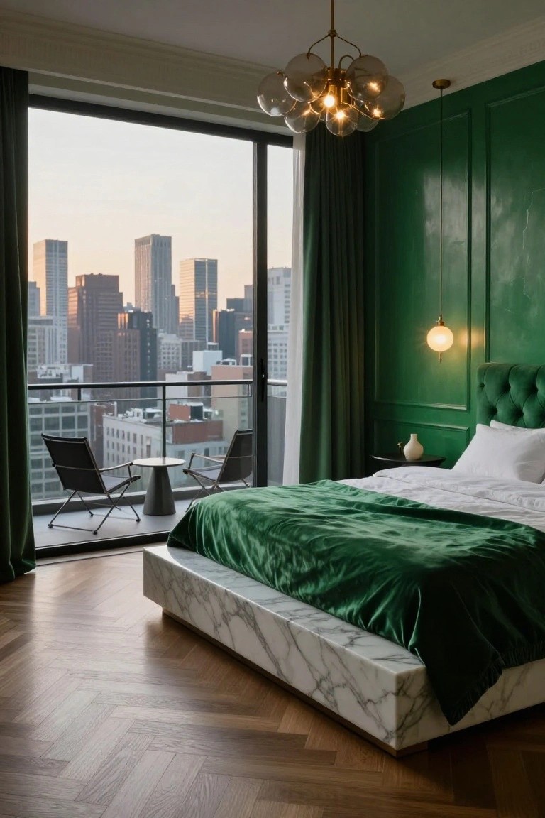 Emerald green paneled wall in a luxury bedroom with marble platform bed covered in green velvet bedding, white pillows, balcony with two chairs and small table overlooking city skyline at dusk, herringbone wood floor.