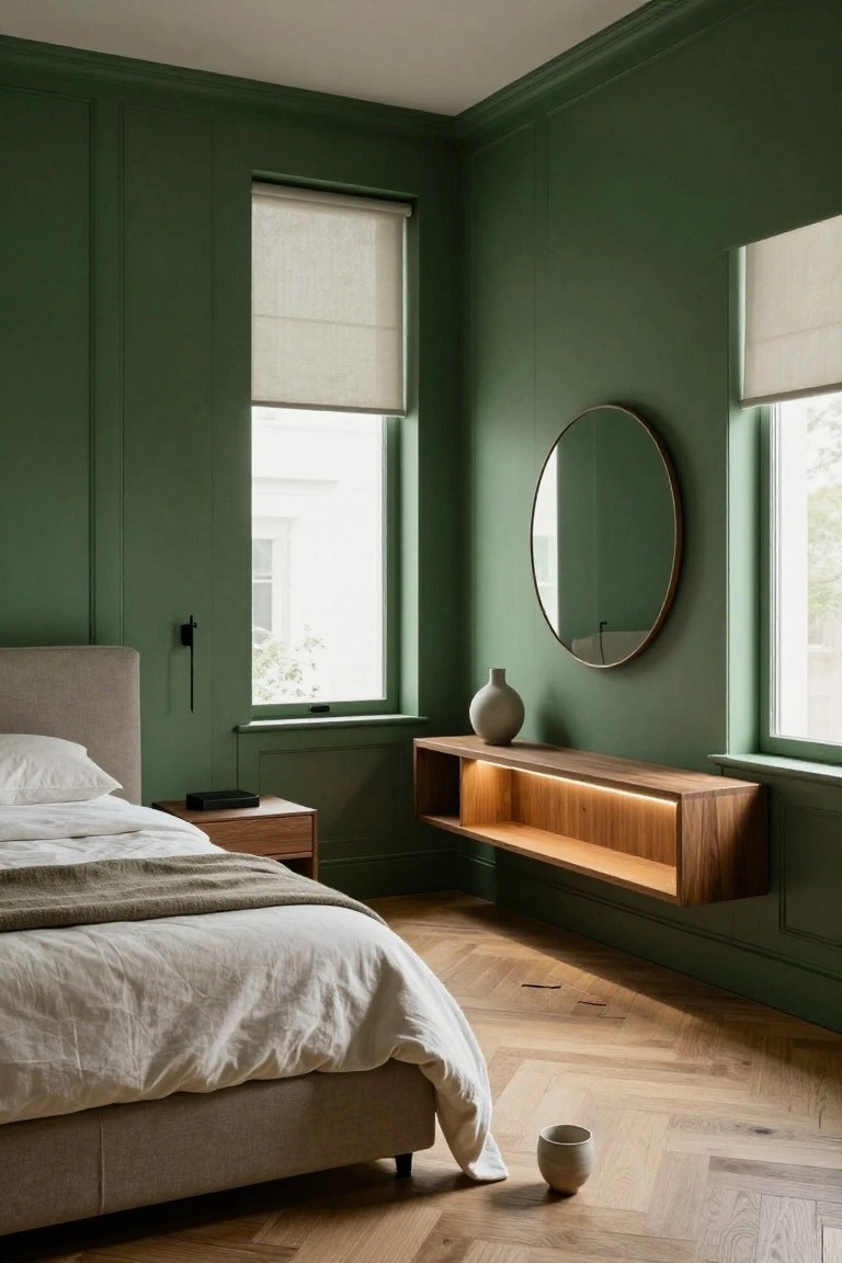 Bedroom corner with emerald green paneled walls, floating wooden shelf holding a round mirror, white ceramic vase, and lit niche, beside a low-profile beige bed with white linens and green throw on herringbone oak floor.
