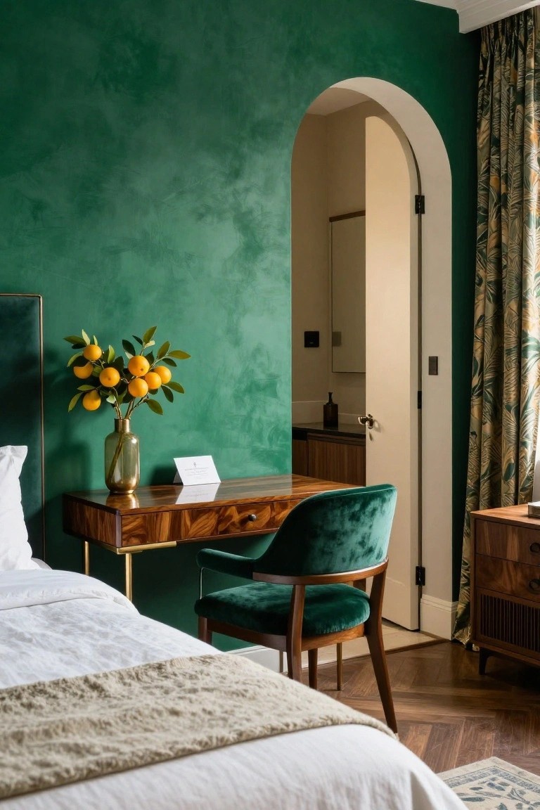 Bedroom interior with emerald green textured plaster walls, white bed with brass frame, wooden desk holding gold vase of oranges, green velvet chair, and arched white doorway to bathroom area.