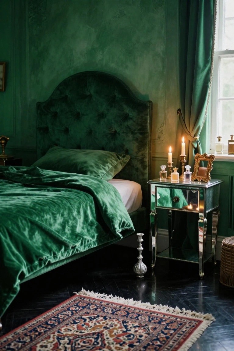 Emerald green velvet bedroom with mirrored nightstand and lit candles.