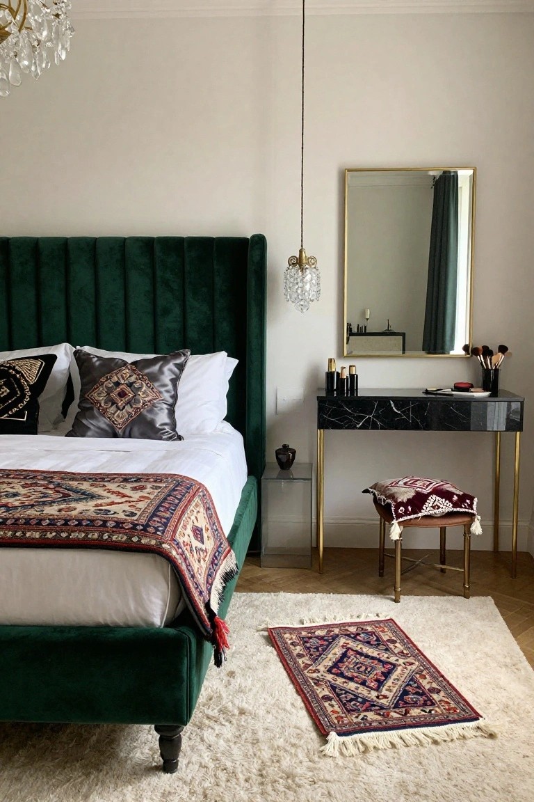 Bedroom interior with emerald green tufted velvet bed frame and headboard, white bedding topped with gray patterned pillows and multicolored Persian-style throw, black marble vanity on gold legs with makeup brushes, small red ottoman, patterned rugs on wood floor, crystal pendant lights, and gold mirror.
