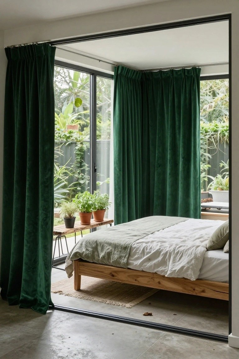 Modern bedroom with emerald green velvet curtains on floor-to-ceiling sliding glass doors overlooking a garden, wooden bed with white and green linens, potted plants on a shelf, and large black-framed mirror on polished concrete floor.