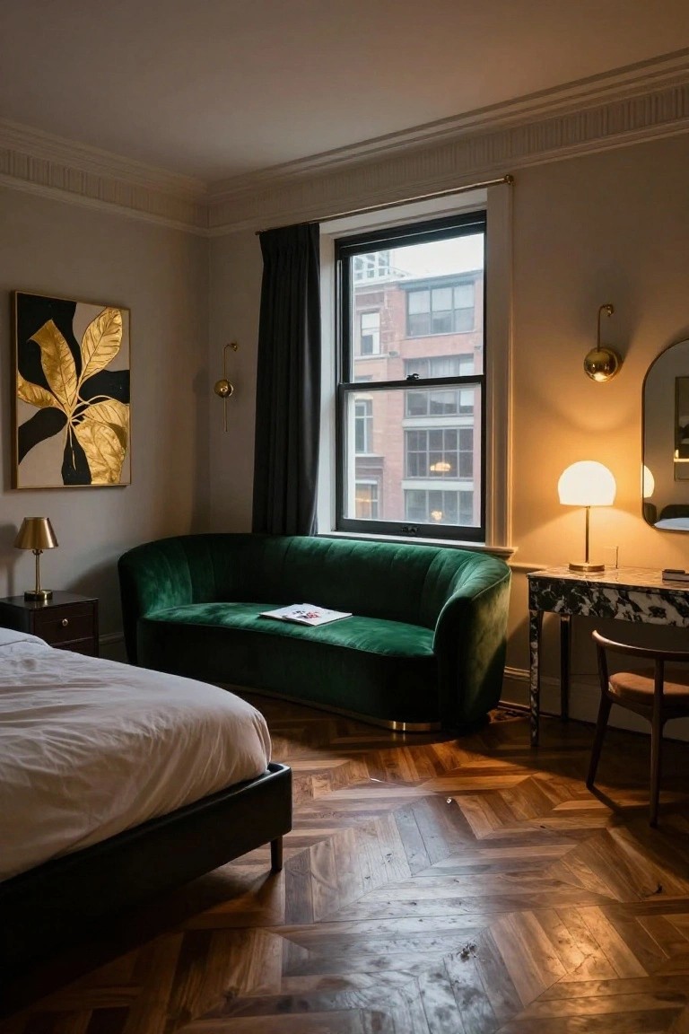 Bedroom interior with emerald green curved velvet sofa next to a low black bed on parquet wood floors, plus a desk, lamps, and wall art.