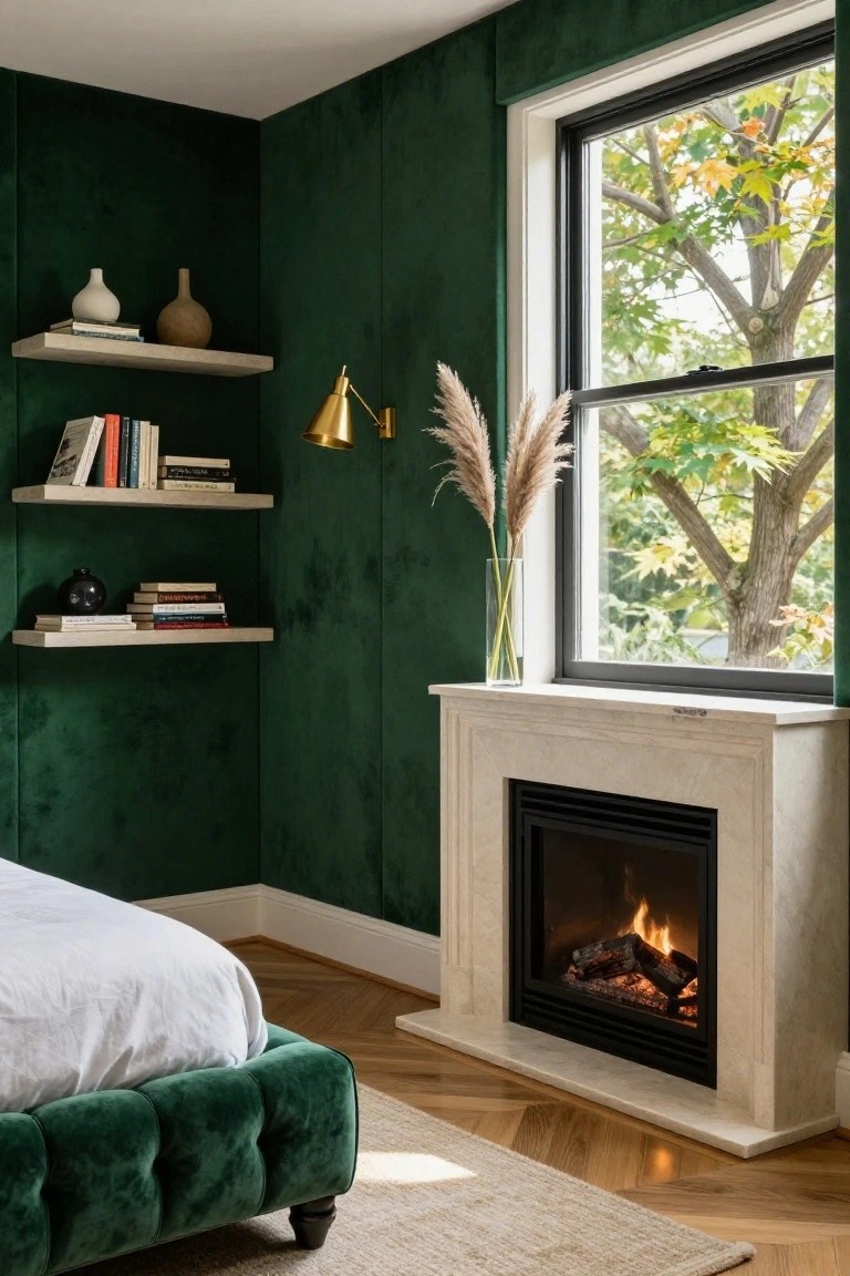 Bedroom corner with emerald green velvet walls, floating oak shelves holding books, vases, and pampas grass stems, a lit marble fireplace, white bedding on a green tufted bed frame, hardwood floors, and a black-framed window showing an autumn tree.