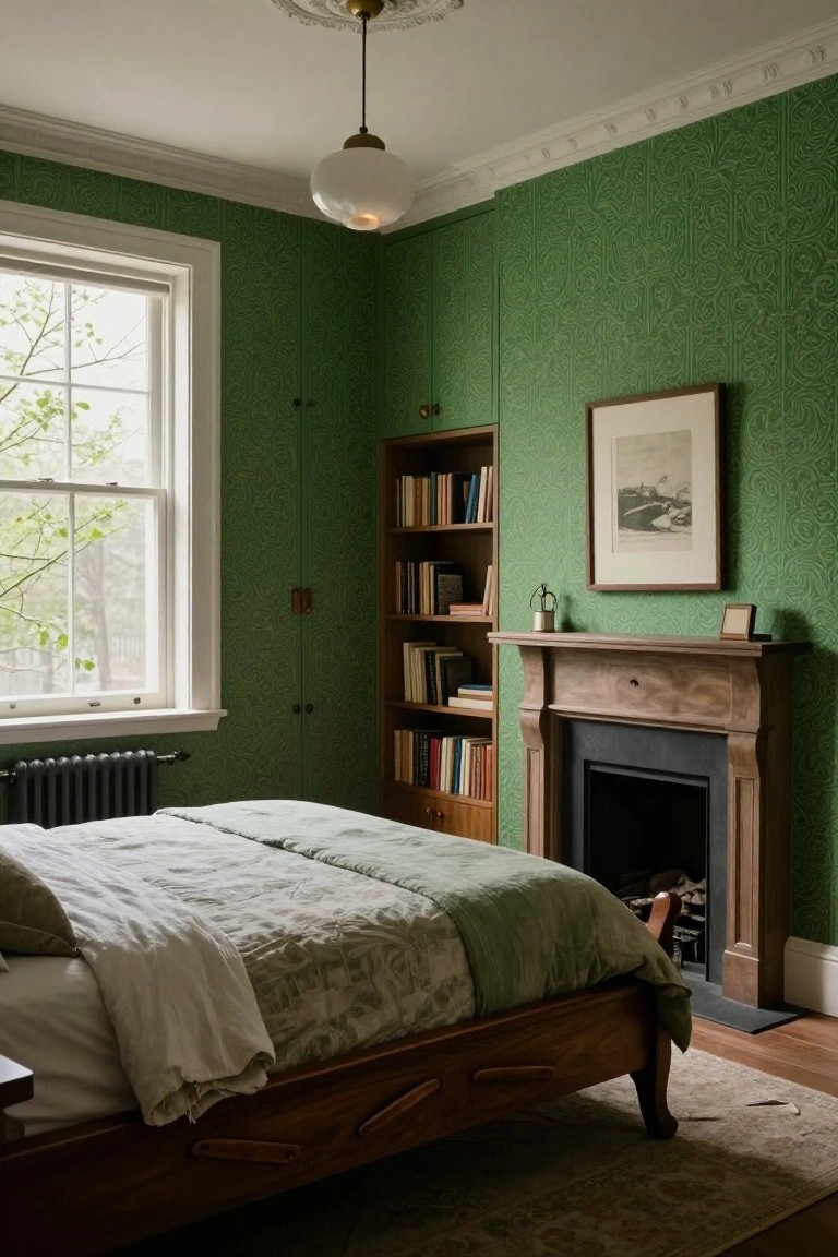 Corner of a bedroom with emerald green patterned wallpaper on walls, wooden bed with green linens, built-in bookshelves, wooden fireplace mantel, and a large window with trees outside.