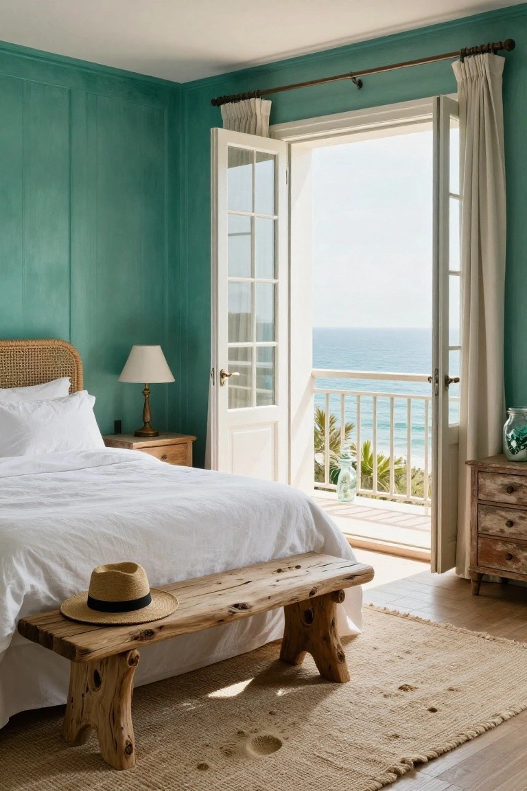 Bedroom featuring emerald green paneled walls, a white bed with rattan headboard and pillows, wooden nightstands, open white French doors to a balcony with ocean view, rustic wooden bench with straw hat at bed foot, and beige rug on wood floor.