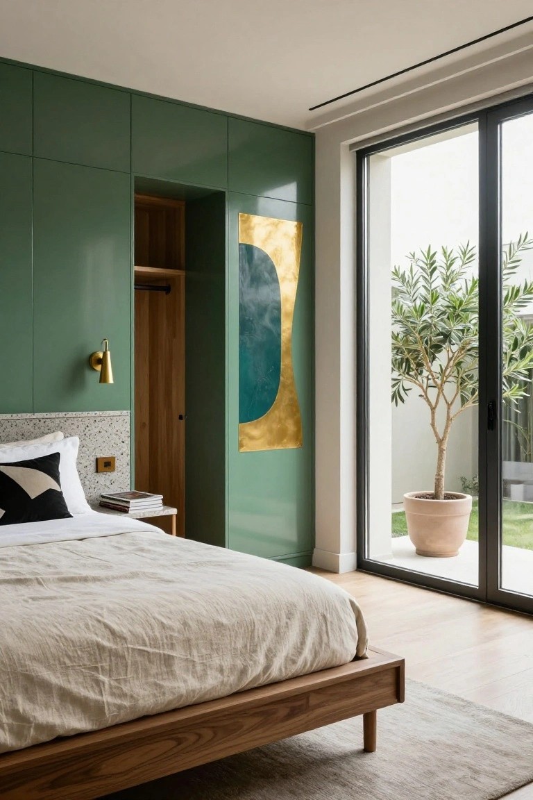 Bedroom with emerald green paneled walls and open wardrobe door, brass wall lamp, gold and teal abstract artwork, light wood bed with white and black pillows, and sliding glass doors to outdoor olive tree in terracotta pot.