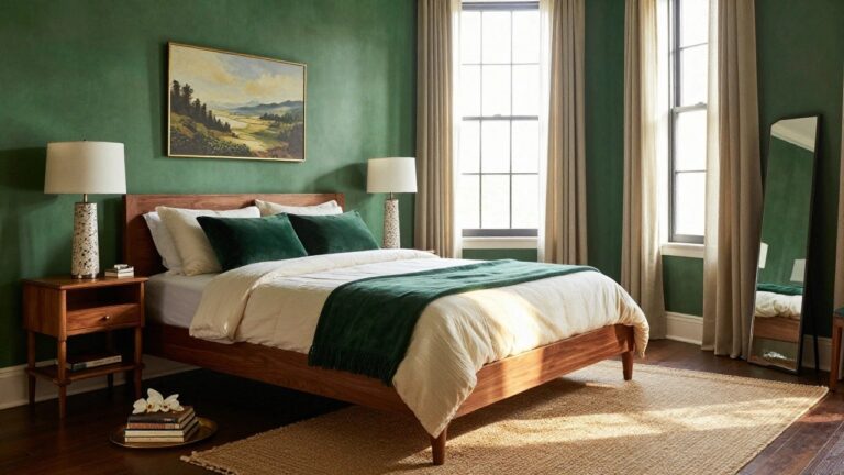 Emerald green painted bedroom with wooden bed frame, white bedding draped with green throw, bedside table with lamp, large window with sheer curtains, freestanding mirror, and seagrass rug on hardwood floor.