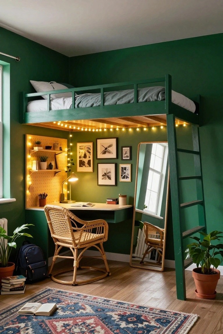 Emerald green loft bed with ladder and mattress above a built-in white desk, rattan chair, pegboard wall, plants, and artwork in a green-walled bedroom corner with wood floor and rug.