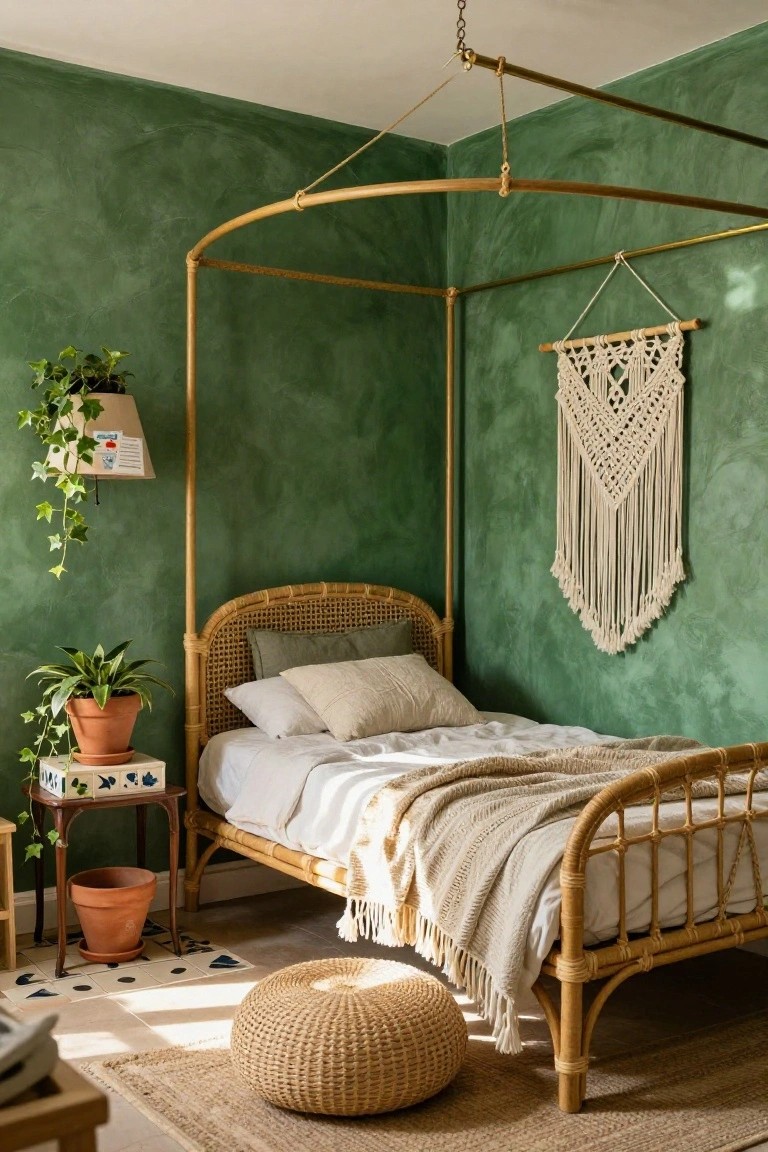 Bedroom with textured emerald green walls, gold-framed rattan canopy bed, neutral bedding, potted plants, macrame wall hanging, and seagrass pouf and rug.