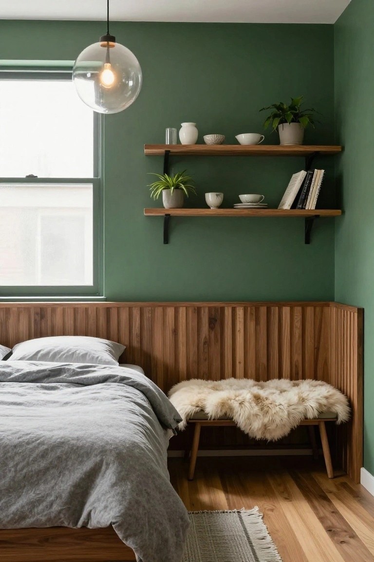 Cozy bedroom with green walls, wooden bed, floating shelves, and fur bench.