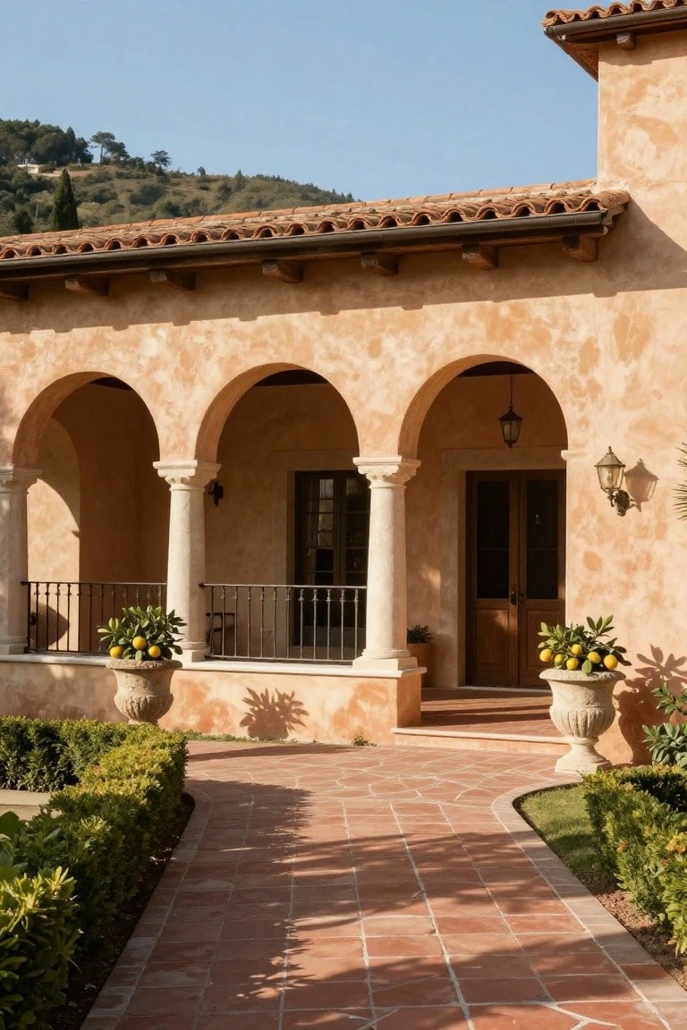 Beige stucco house exterior with terracotta tile roof, arched portico supported by stone columns framing wooden double doors, potted citrus trees on balcony and entry, boxwood hedges, and curving terracotta brick pathway.
