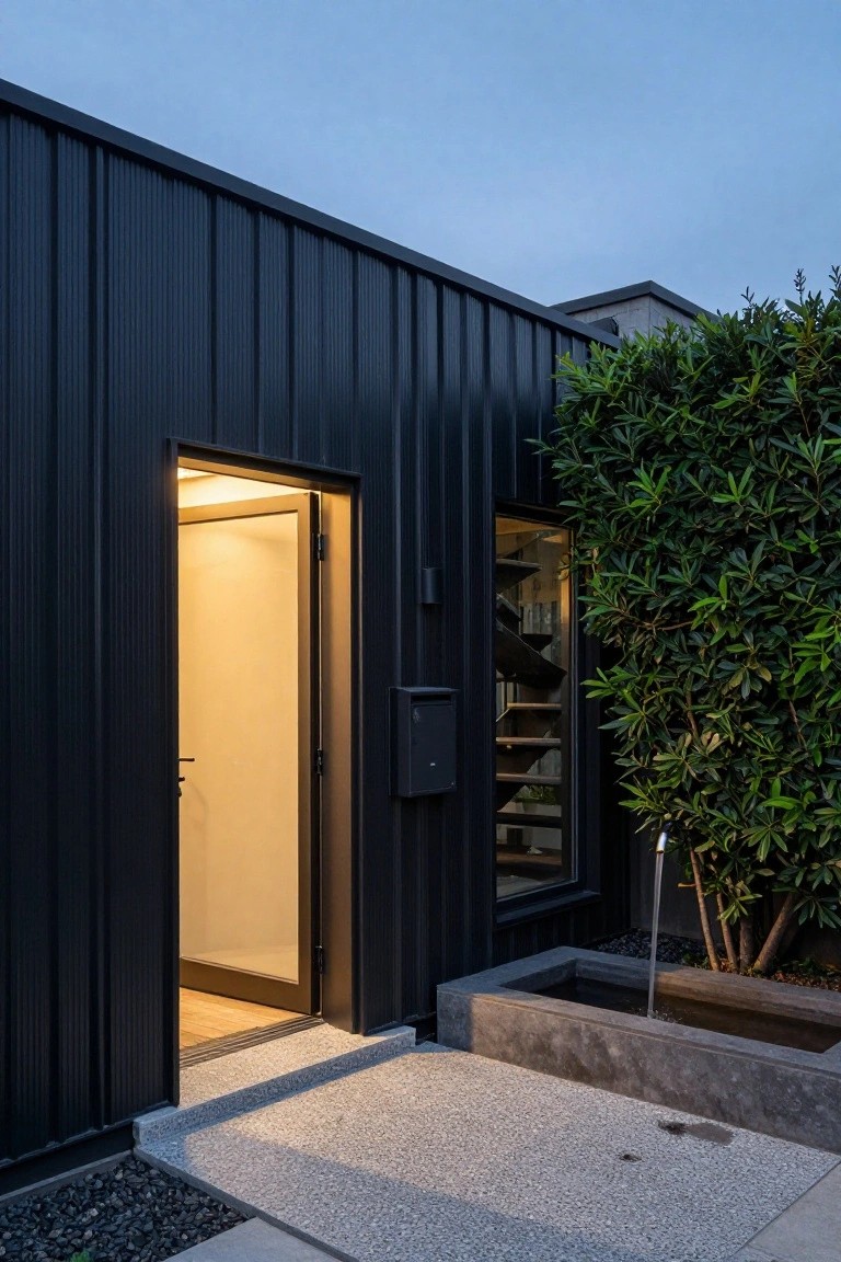 House exterior featuring black corrugated metal siding, an open interior-lit door with wooden floor visible, a mailbox, adjacent green shrubs, a small stone water basin, and gravel path at dusk.