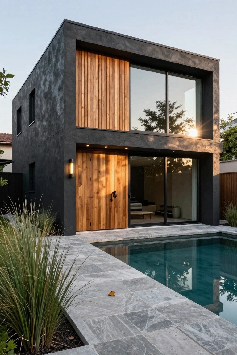 A modern two-story house with dark textured stucco walls, vertical wood cladding on one side, wooden double garage doors, large sliding glass windows, and an adjacent infinity-edge pool on a gray stone deck surrounded by tall grasses.
