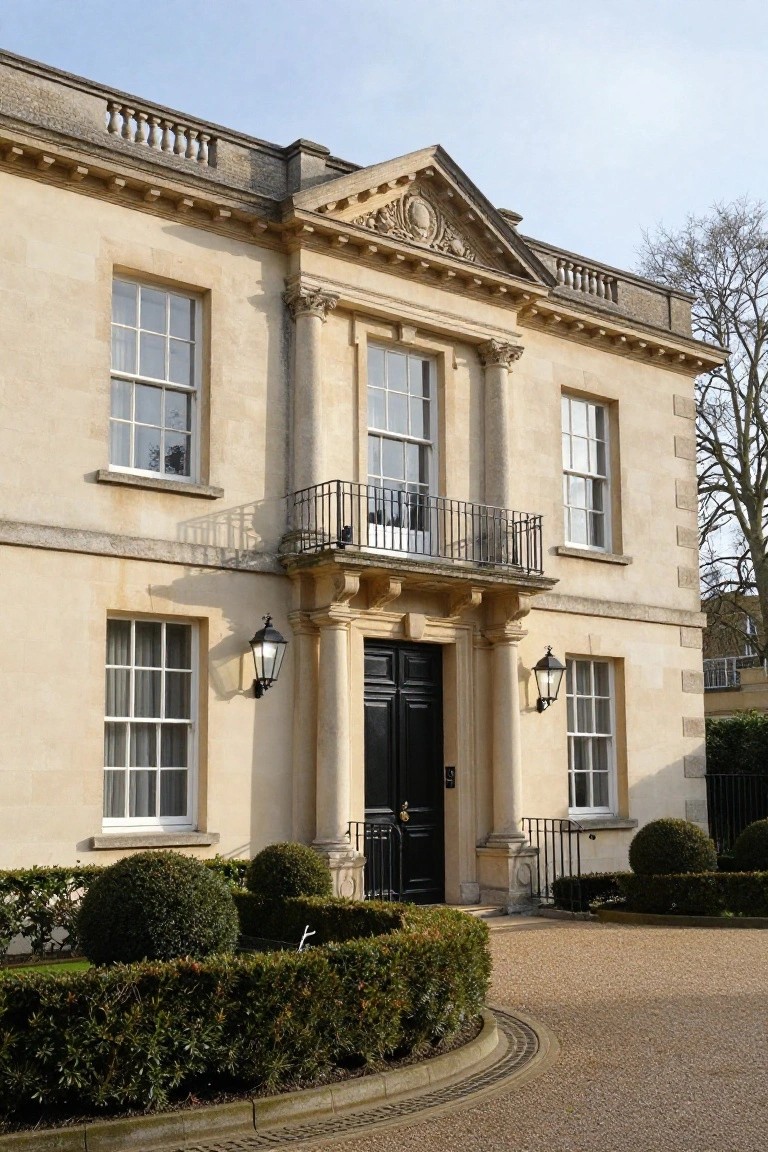 Beige stone house exterior with central black front door under pillared portico and pediment, flanked by lanterns, multi-pane windows, iron balcony above, boxwood shrubs, and gravel driveway.