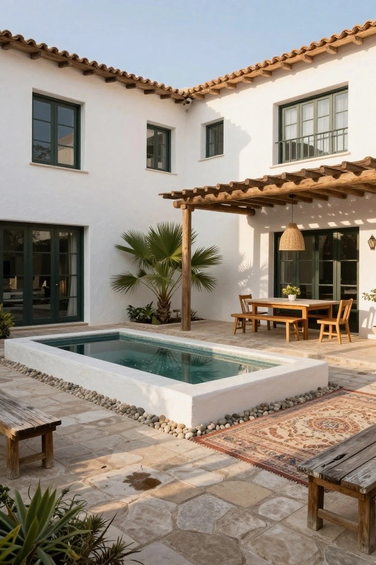 White stucco house exterior corner with green-framed doors and windows, wooden pergola over outdoor dining table and chairs on stone patio, rectangular turquoise plunge pool edged in white with pebbles around, benches, rug, palm tree, and plants.