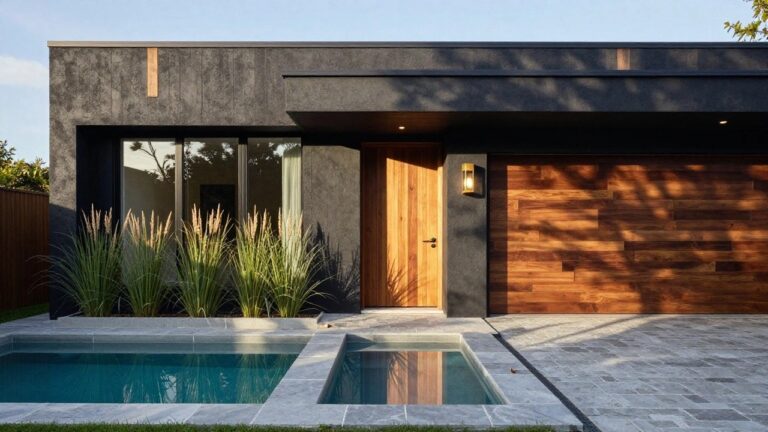 A modern two-story house with dark textured stucco walls, vertical wood cladding on one side, wooden double garage doors, large sliding glass windows, and an adjacent infinity-edge pool on a gray stone deck surrounded by tall grasses.