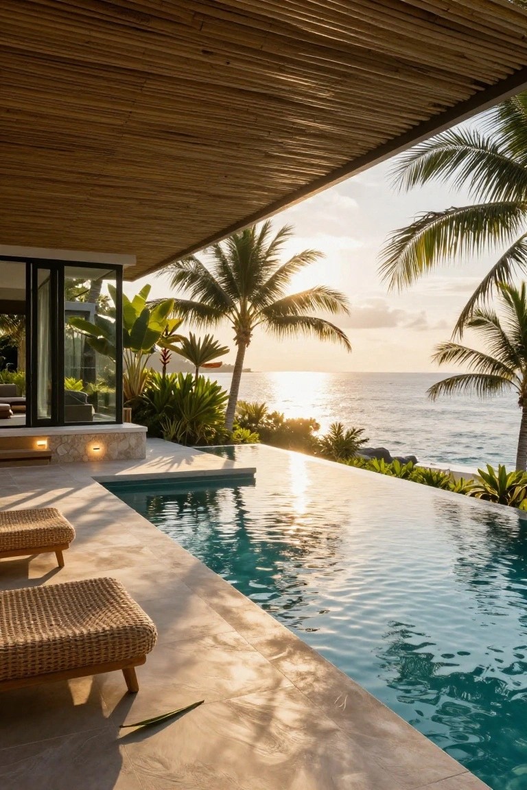 Outdoor terrace of a modern tropical villa with infinity edge pool, turquoise water, rattan loungers on stone deck, bamboo ceiling, lush plants, and ocean view at sunset.