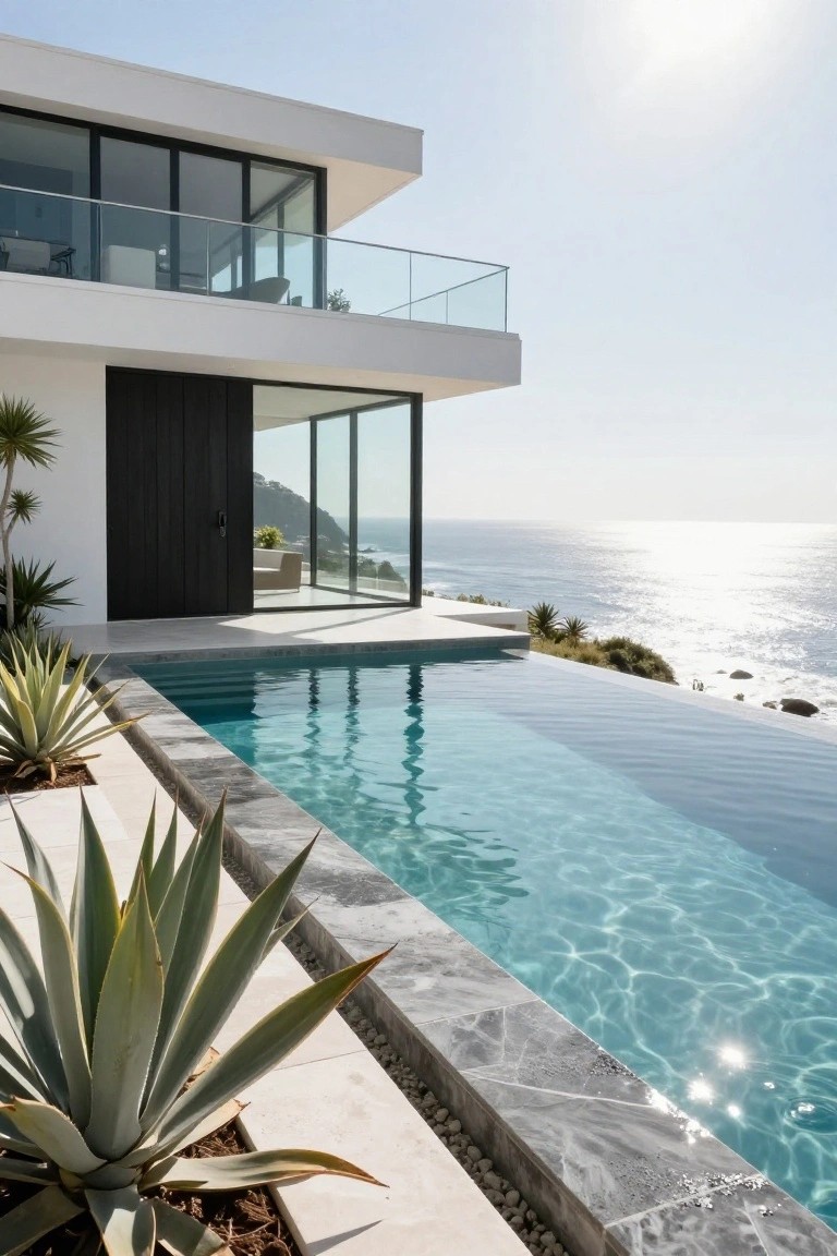 Modern white house with black wood door and glass walls beside an infinity edge pool lined with agave plants, overlooking the ocean on a clear day.