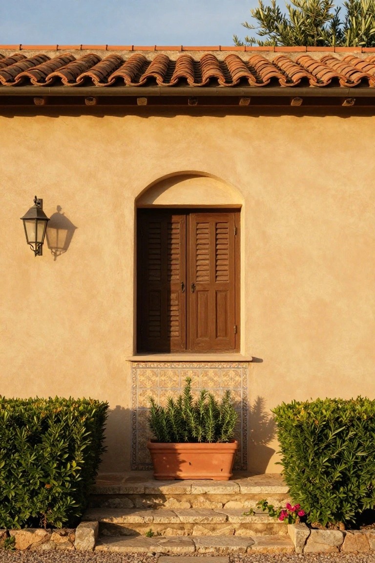Beige stucco exterior wall of a house under terracotta tile roof, featuring an arched wooden door with slatted shutters, wall-mounted lantern, tiled sill with potted rosemary plant, flanked by boxwood shrubs and stone steps on gravel ground.
